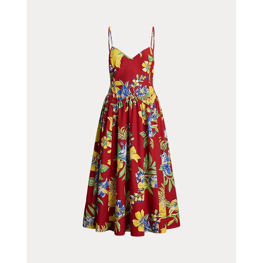 Polo Ralph Lauren Women's Size 8 Red Cotton Floral Tropical Print Midi Dress NWT
